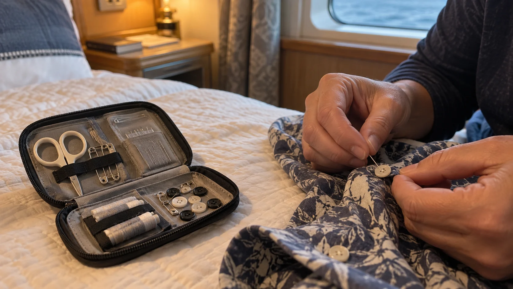 Traveler repairing a loose shirt button with a compact sewing kit