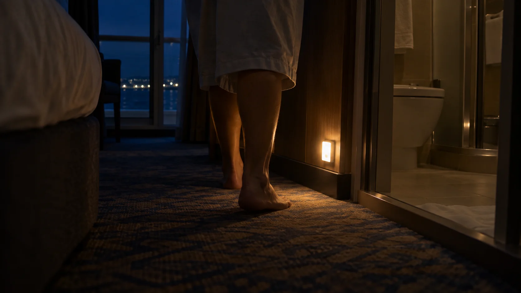 Small night-light illuminating the floor between a cruise cabin bed and bathroom
