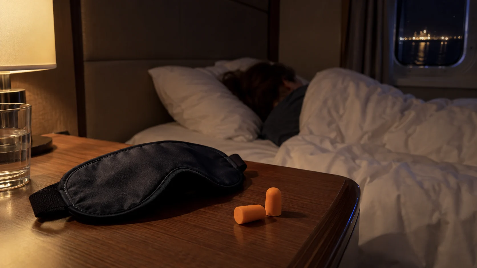 Eye mask and earplugs on a cruise cabin bedside table at night