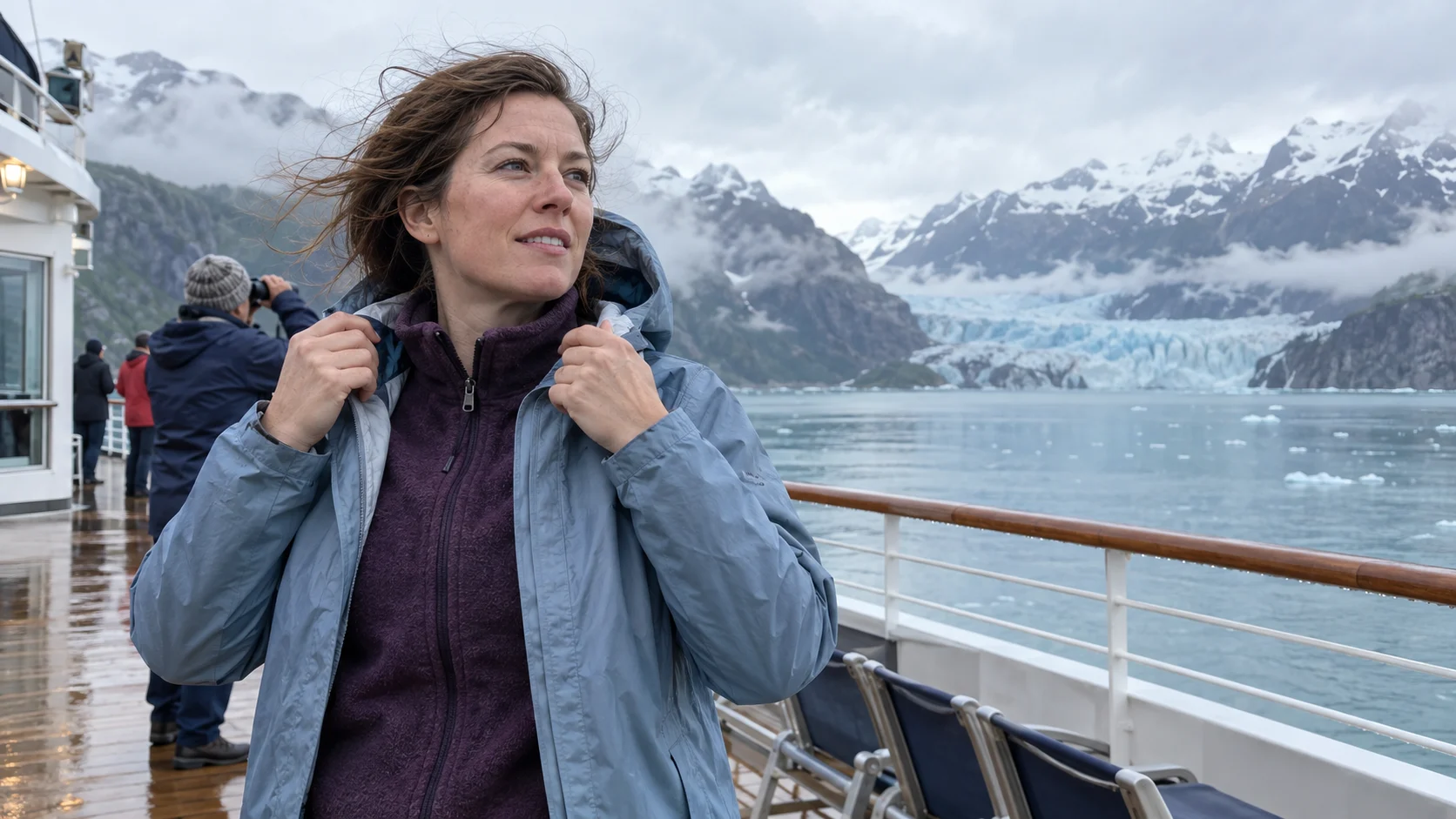 Traveler wearing a rain shell over a fleece on a misty Alaska cruise deck