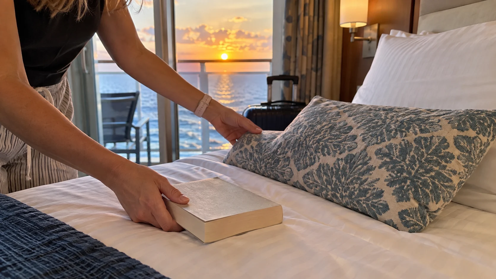 Traveler placing a familiar pillow and paperback on a cruise cabin bed