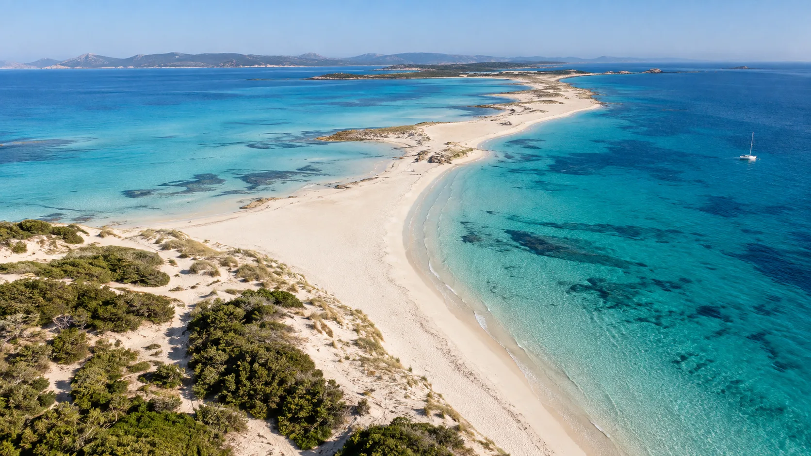White sand and aquamarine water on both sides of Ses Illetes in Formentera.