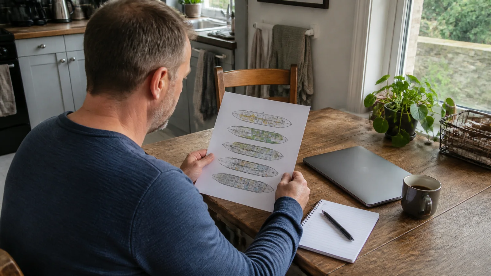 Man reviewing a printed cruise ship deck plan at a table