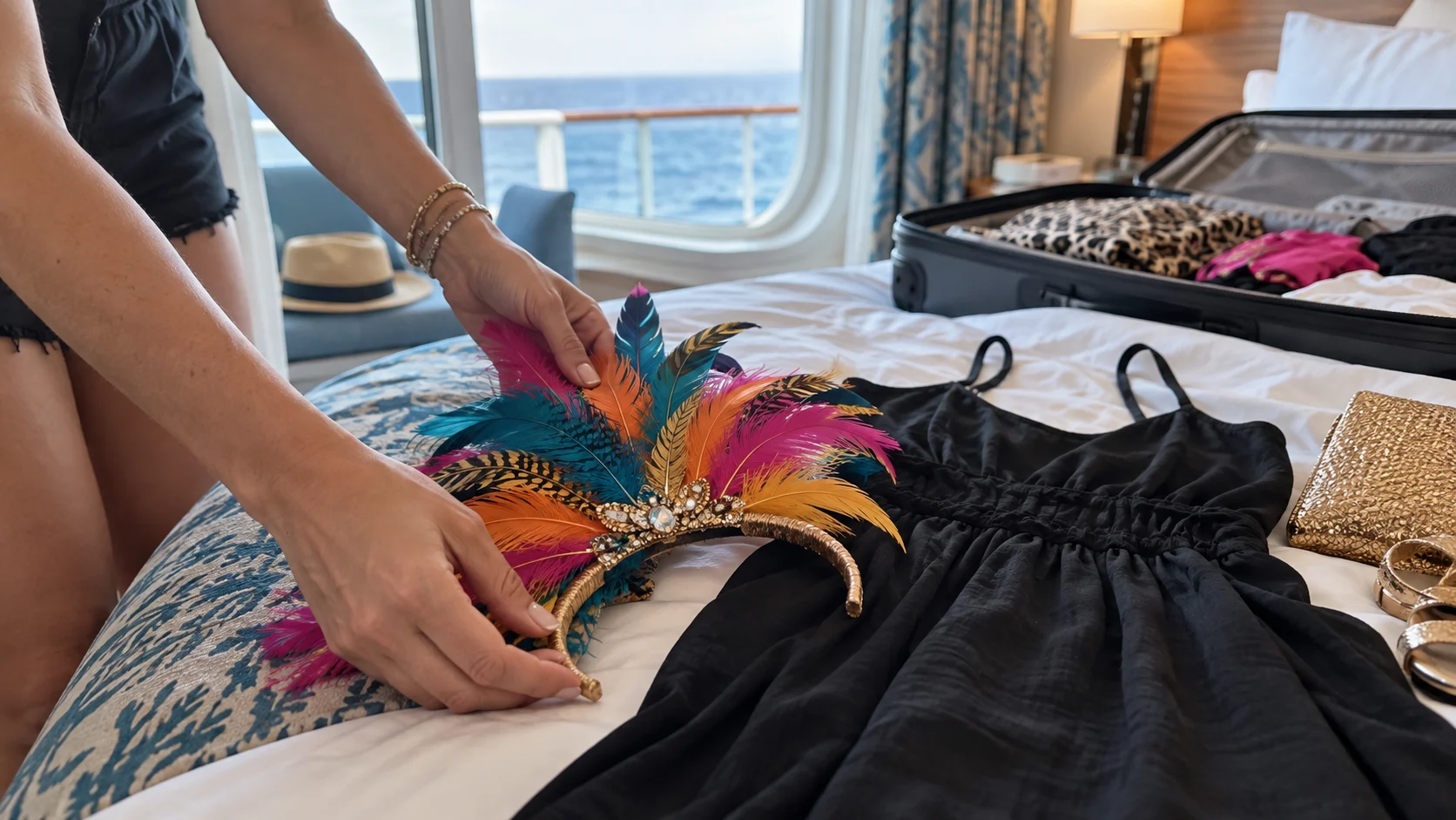 Hands placing a colorful feathered theme-night headband beside a black cruise dinner outfit.
