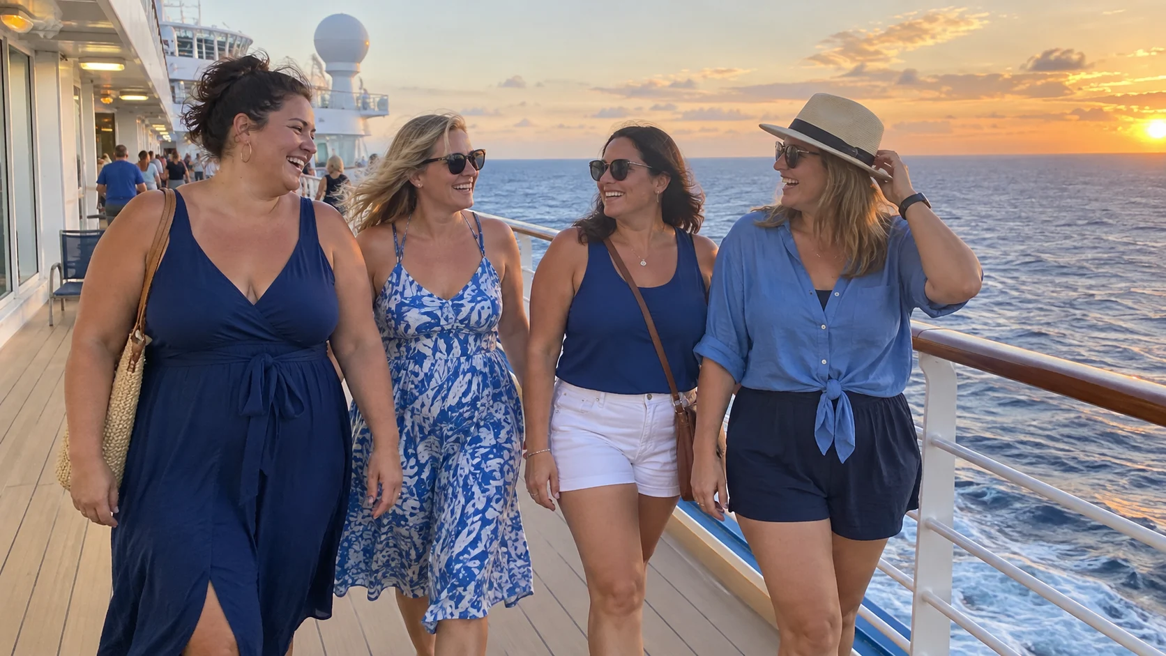 Four friends wearing coordinated blue outfits while walking together on a cruise ship deck at sunset.