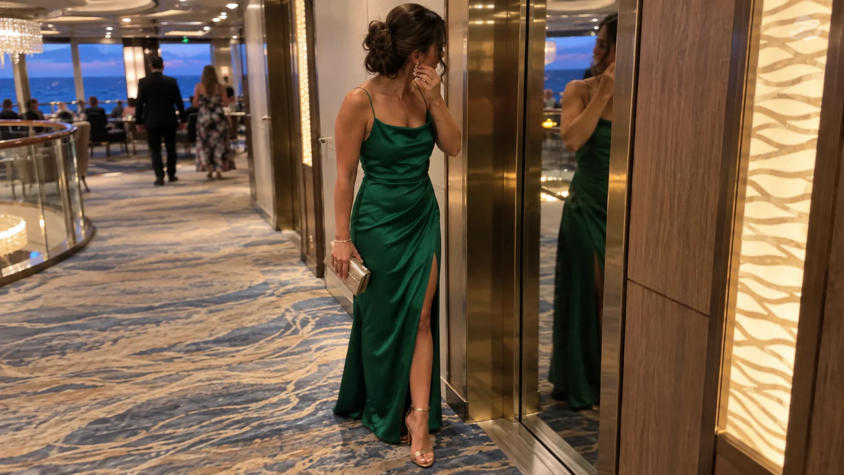 Woman in a bold emerald dinner dress adjusting an earring beside a cruise ship elevator.