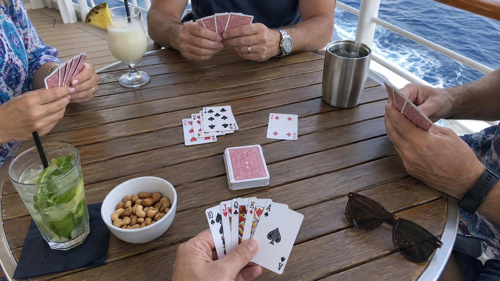 Four travelers playing cards at an outdoor table beside the ocean on a cruise ship.