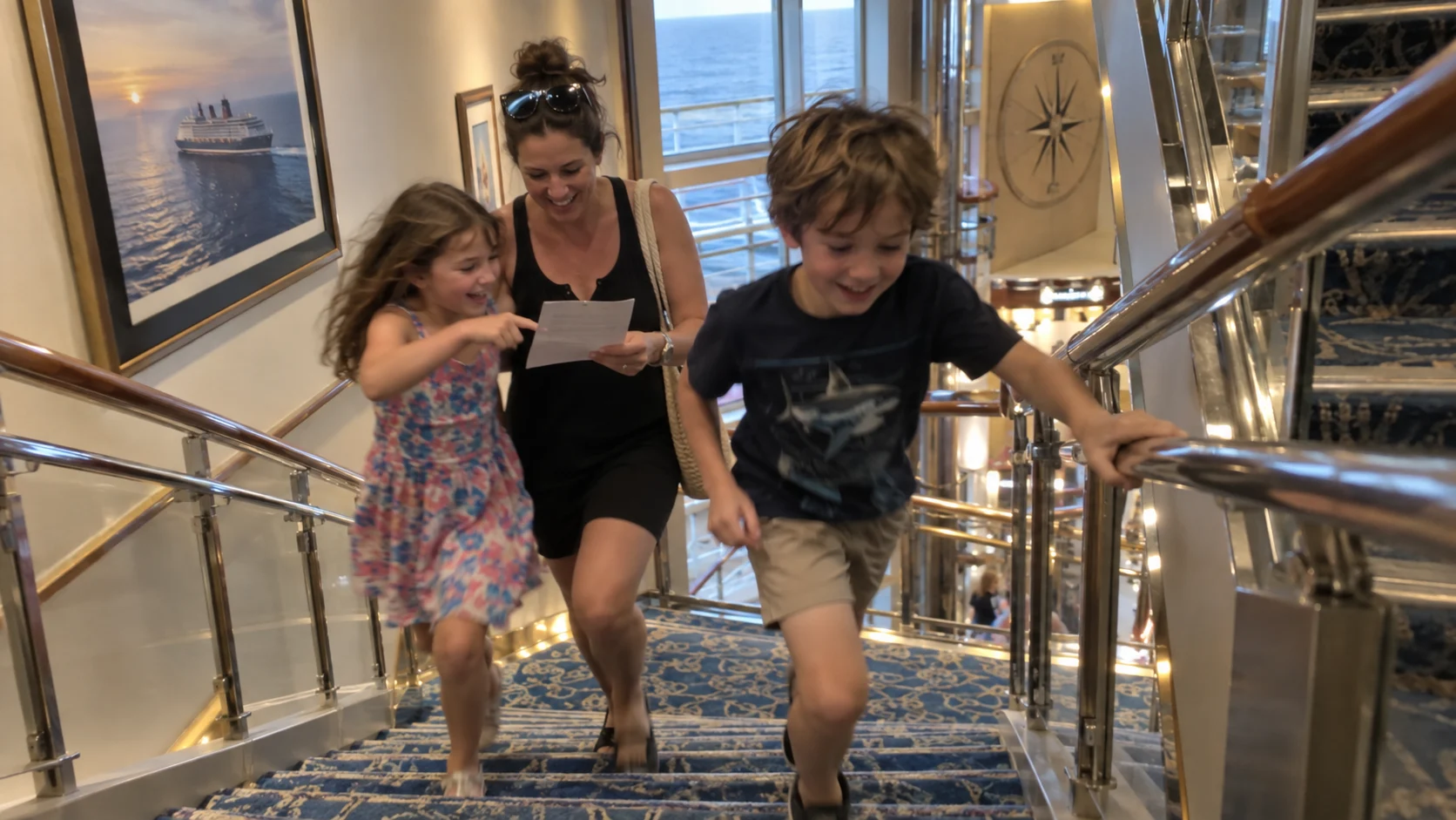 Parent and children following a scavenger hunt while hurrying up a cruise ship staircase.