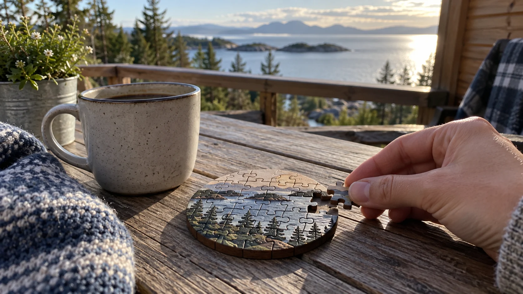 Hand placing the final piece into a small wooden travel puzzle beside a cup of coffee.