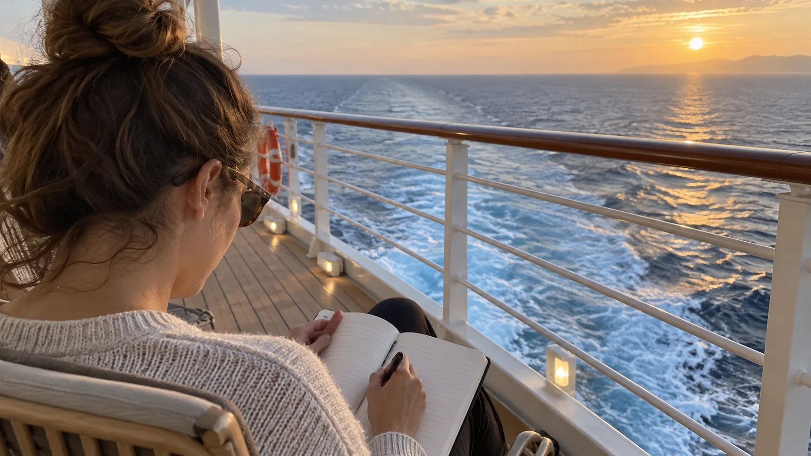 Traveler writing in a cruise journal while seated beside the ship's wake at sunset.