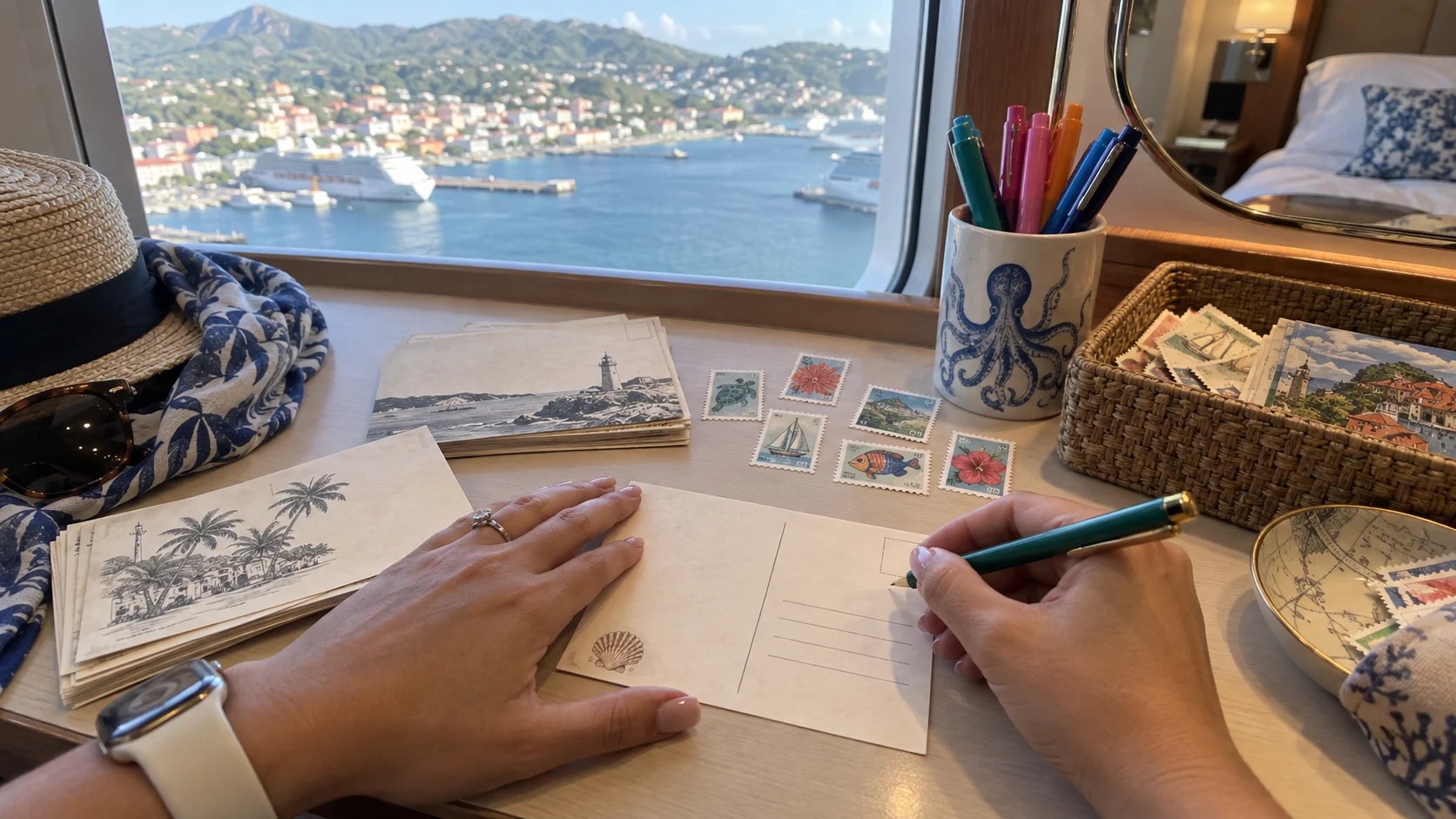 Hands preparing a blank postcard with stamps and colorful pens beside a cruise cabin window.