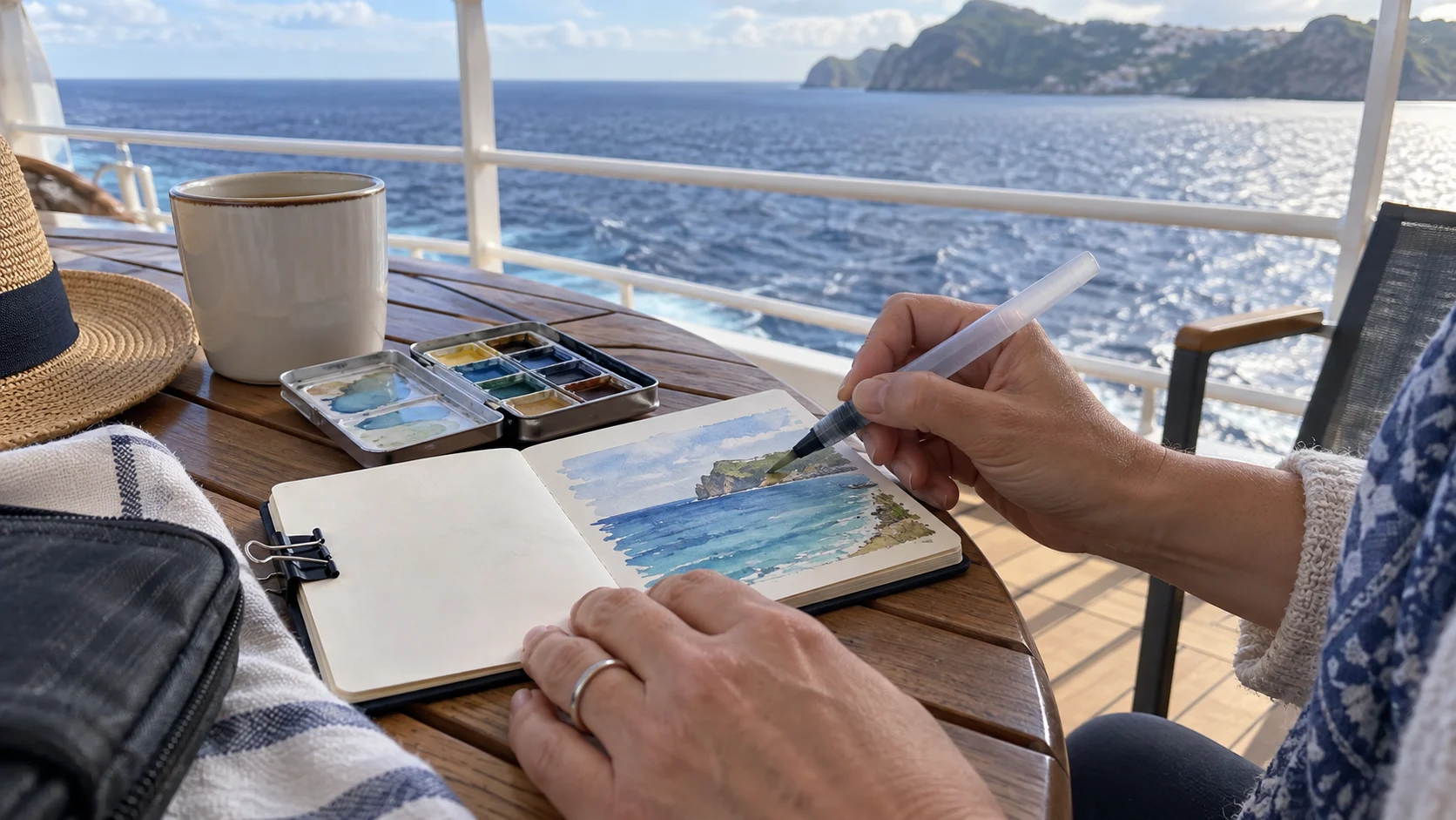 Traveler painting the coast with a small watercolor kit at an outdoor cruise deck table.
