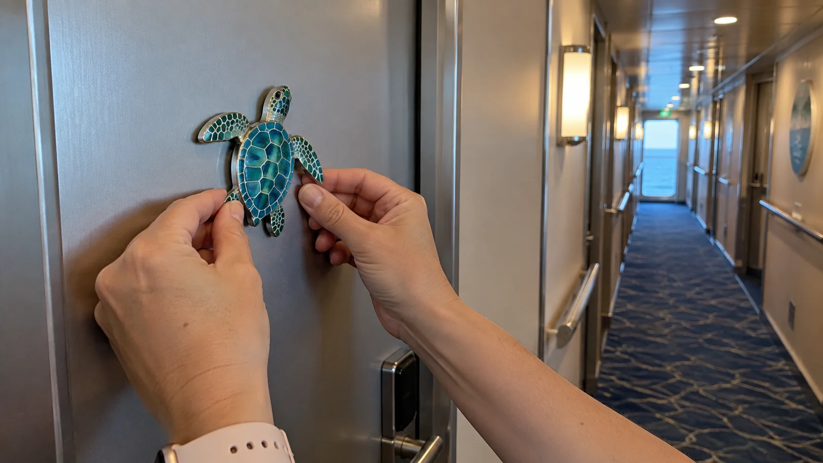 Hands placing a small magnetic sea turtle decoration on a cruise cabin door.