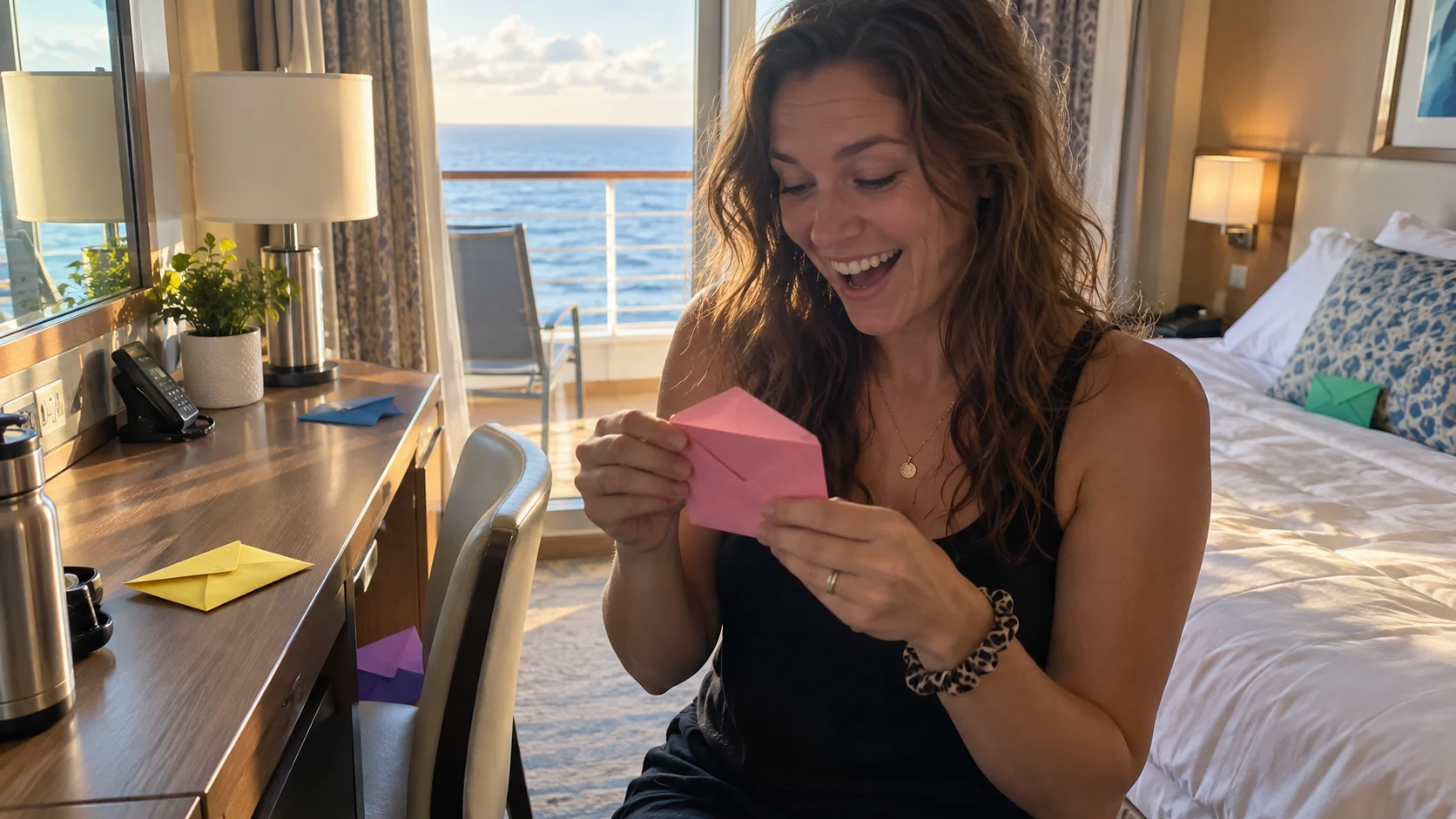 Woman happily opening a colorful surprise envelope in a sunlit cruise cabin.
