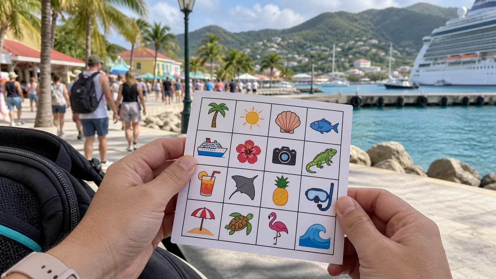 Hands holding a picture bingo card while walking through a sunny tropical cruise port.