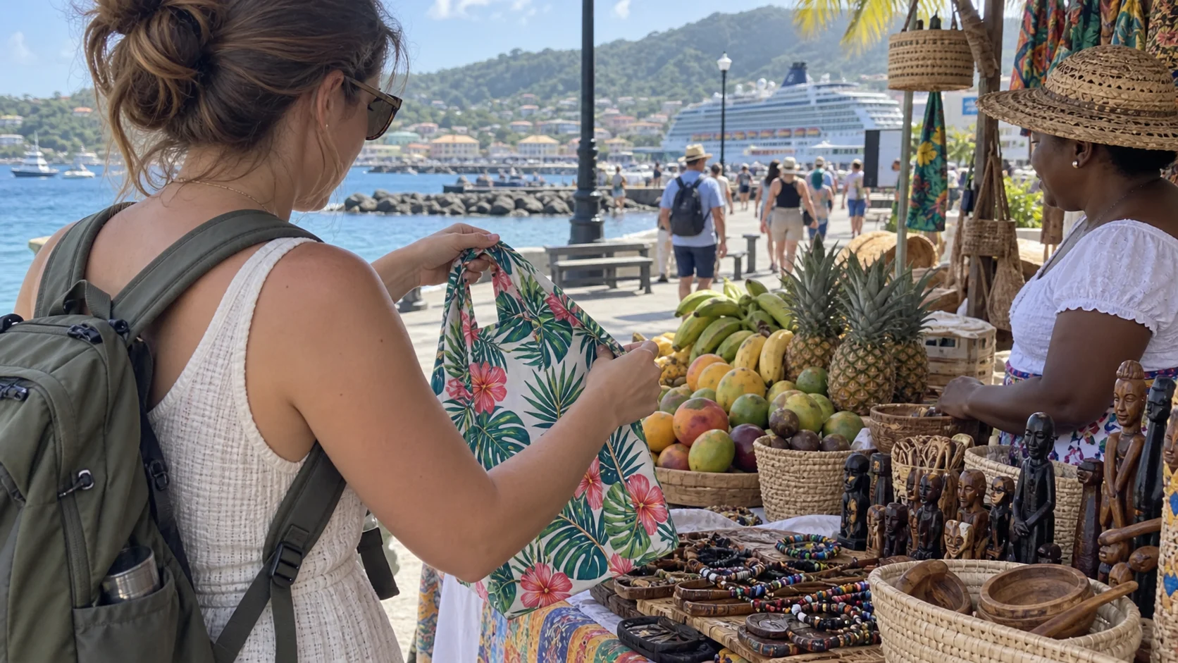 Traveler opening a fold-flat floral tote at a tropical market near a cruise harbor.