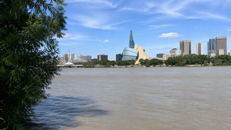 Modern museum and city skyline across a broad river.