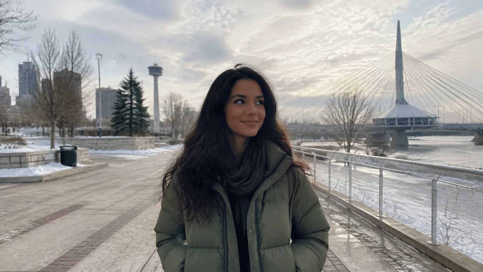 Woman walking a snowy riverfront promenade near a cable-stayed bridge.