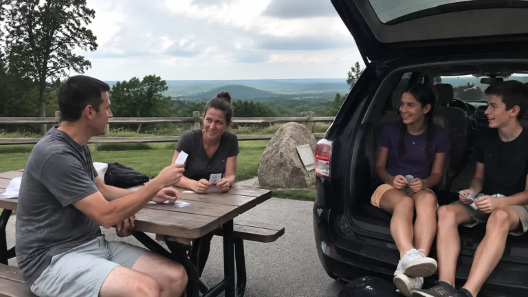 Friends playing cards at a picnic table beside an open SUV hatch