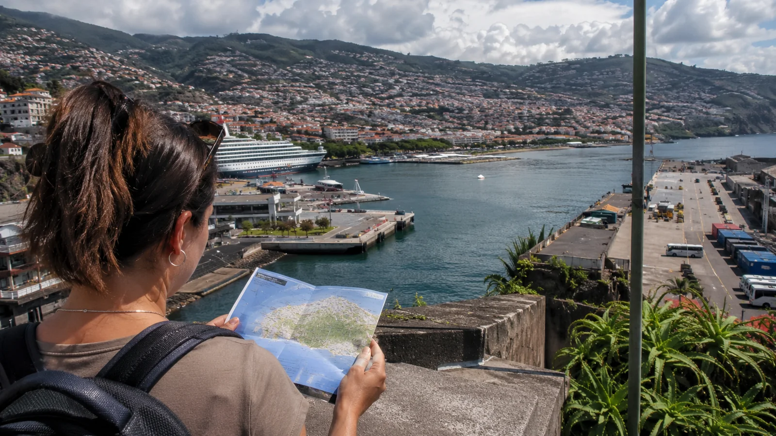 Woman holding a map at an overlook above a cruise port and hillside city