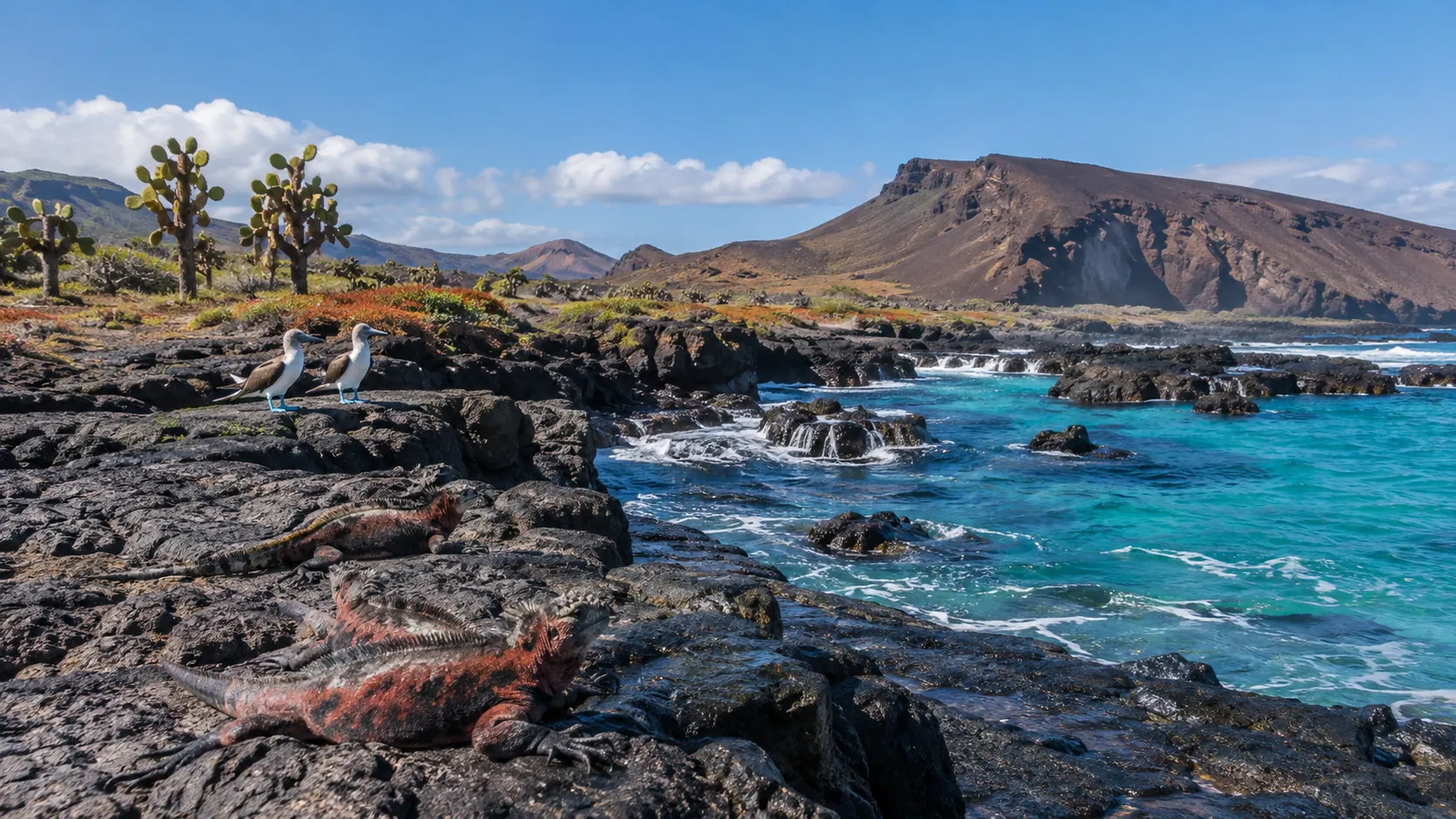 Marine iguanas and blue-footed boobies beside a turquoise volcanic cove in the Galápagos.