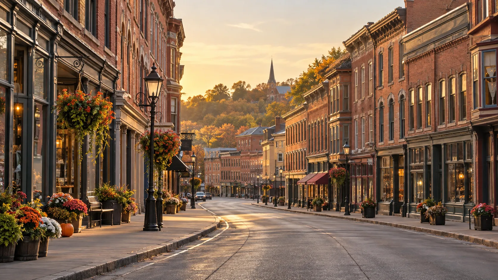 Galena's historic Main Street curves between preserved red-brick buildings in warm morning light.