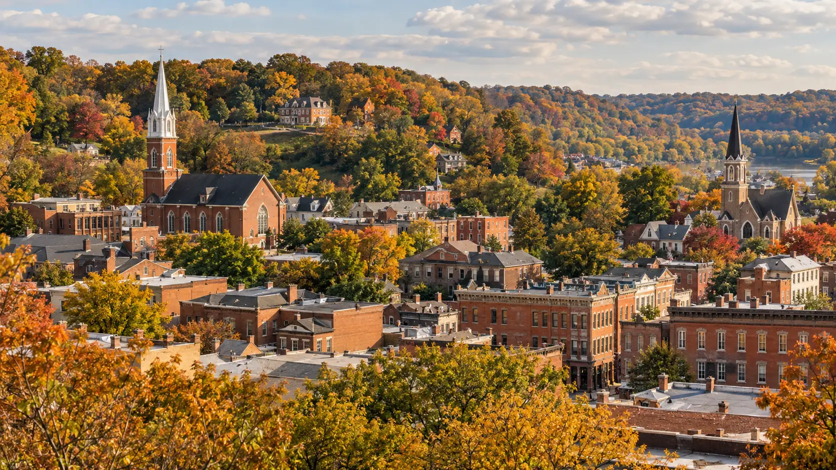 Church steeples and brick rooftops fill an elevated autumn view across hilly Galena.