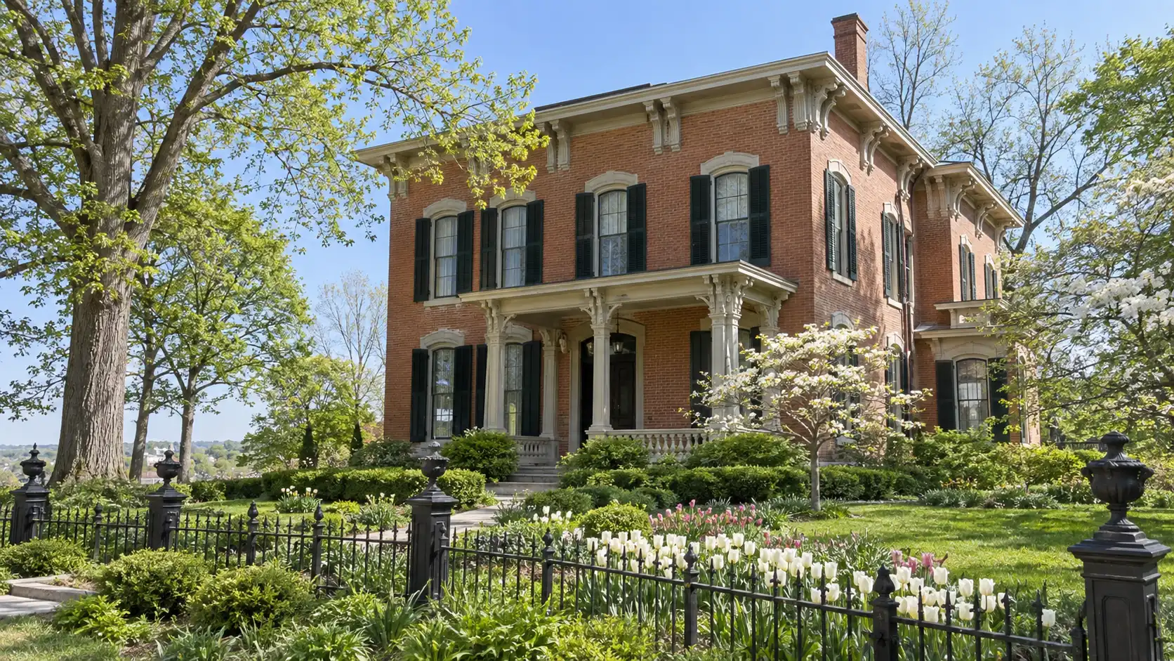 The brick Ulysses S. Grant Home stands amid leafy landscaped grounds in Galena.