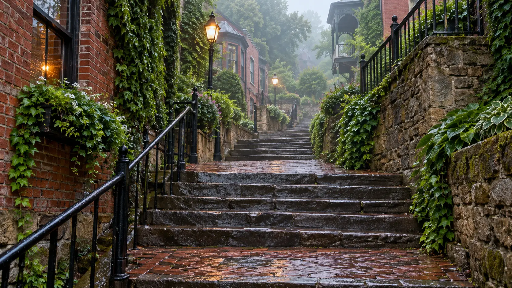 A rain-damp historic stairway climbs between brick walls and greenery in Galena.