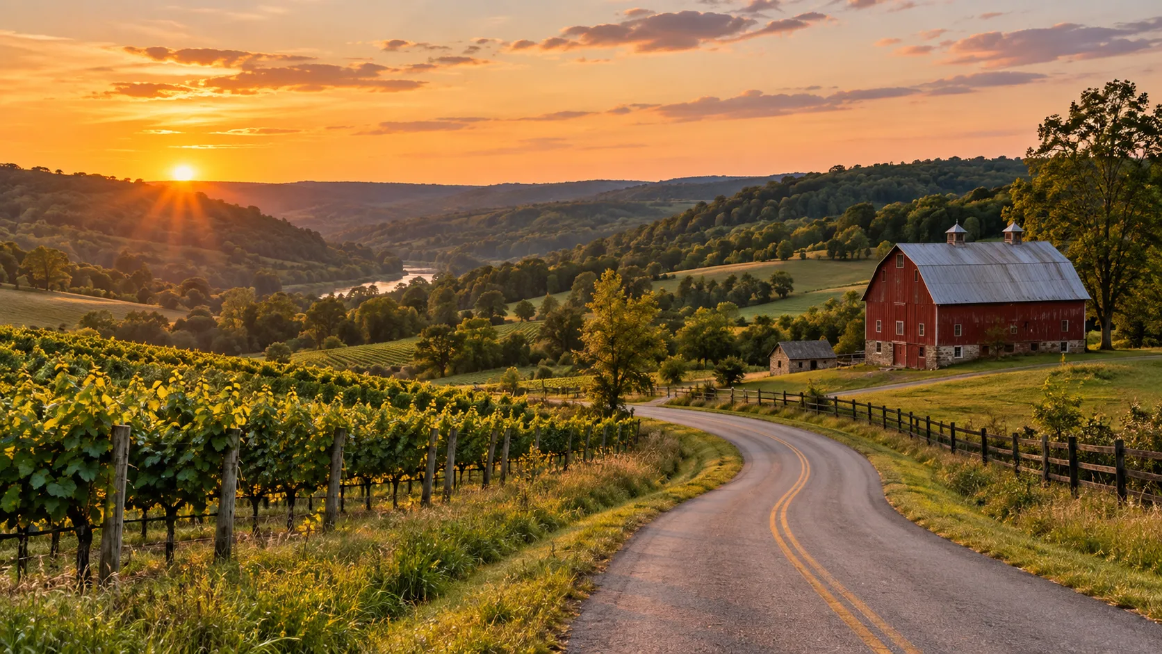 A country road winds through a vineyard and rolling hills outside Galena at sunset.