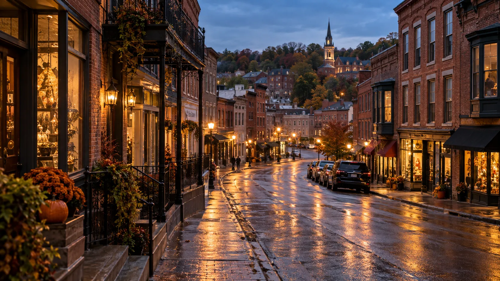 Warm storefront lights reflect on rain-washed historic Main Street in Galena at dusk.