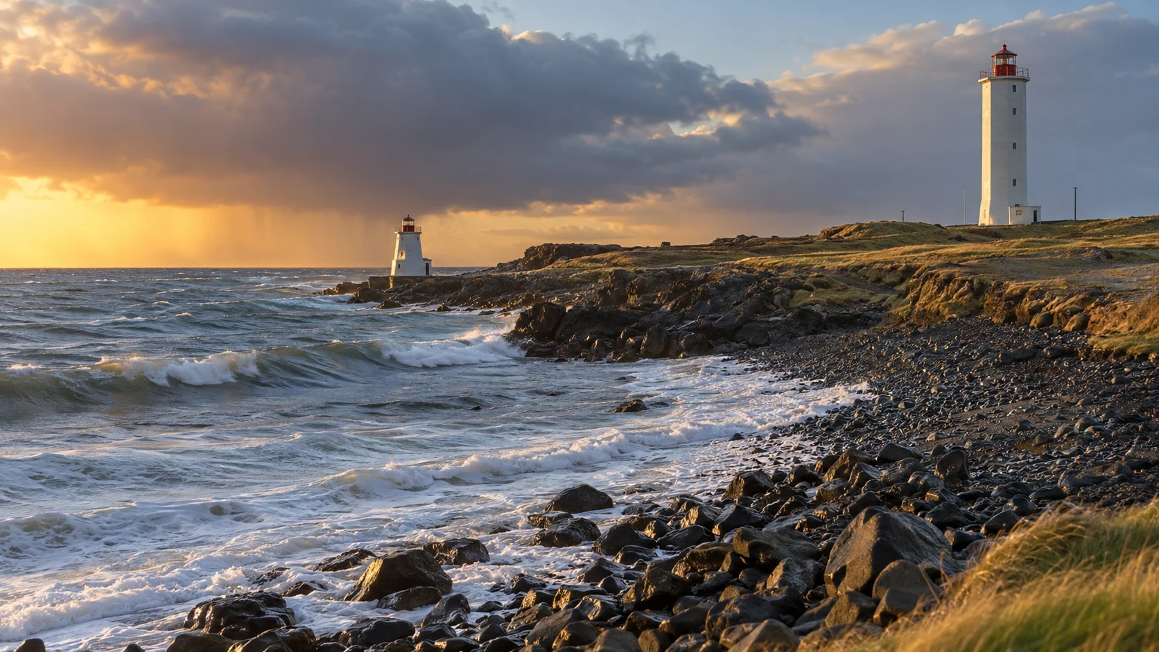 The old and new Garðskagi lighthouses above a wave-washed black pebble coast at sunrise.