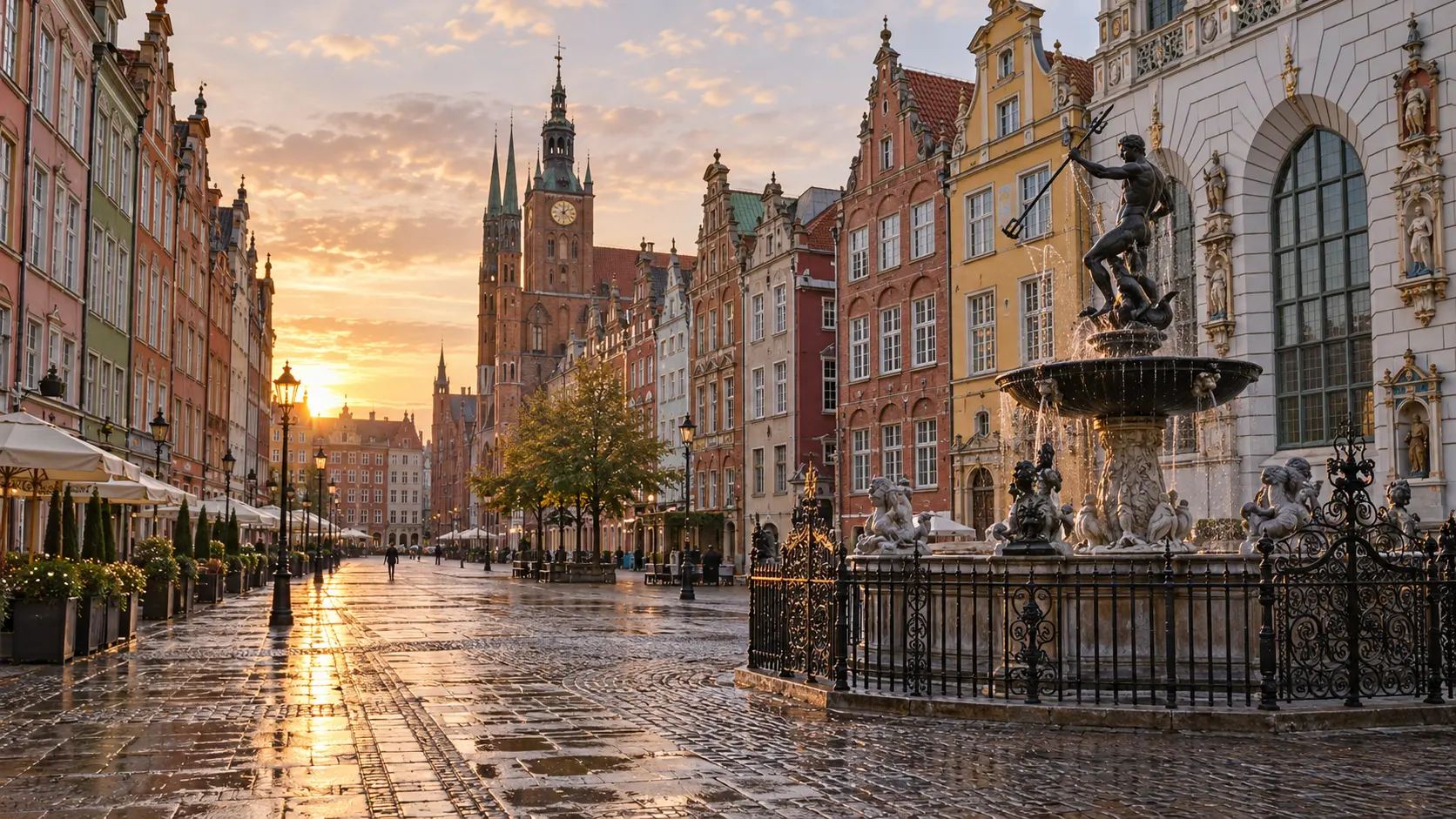 Neptune Fountain and colorful merchant houses along Gdansk's Long Market