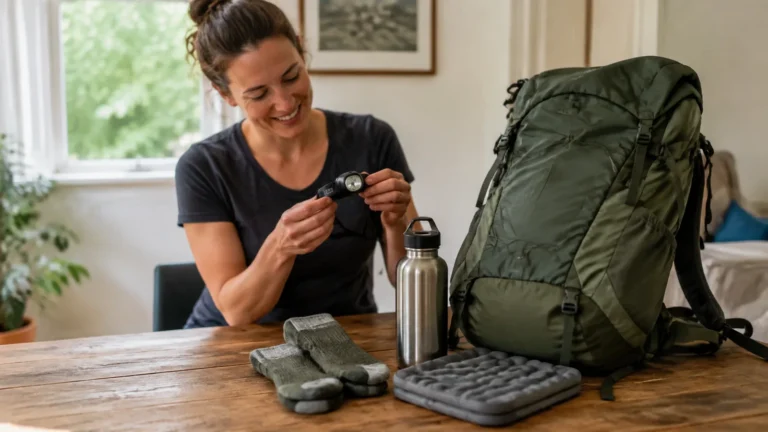 Woman examining a small outdoor device beside a large hiking backpack.