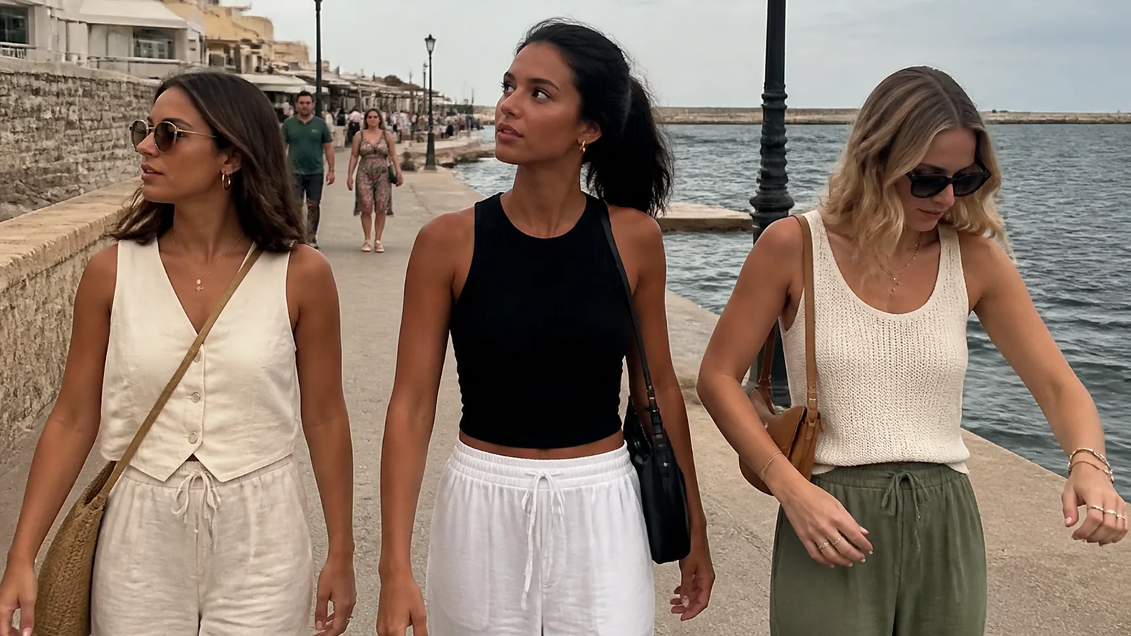 Friends walking along a stone waterfront promenade.