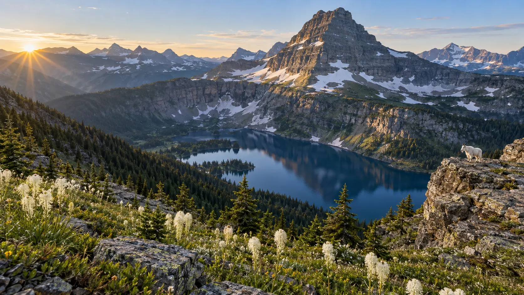 Hidden Lake, Bearhat Mountain and a mountain goat at sunrise in Glacier National Park