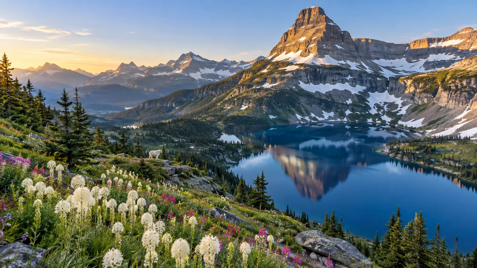 Bearhat Mountain rises above Hidden Lake and an alpine wildflower meadow in Glacier National Park.