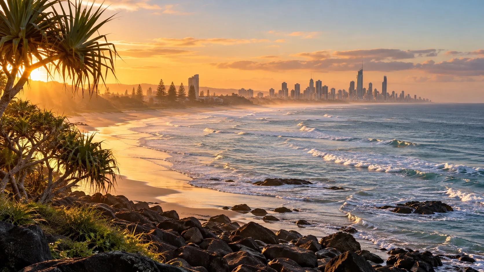 Surfers Paradise skyline viewed along the Gold Coast from Burleigh Headland at dawn