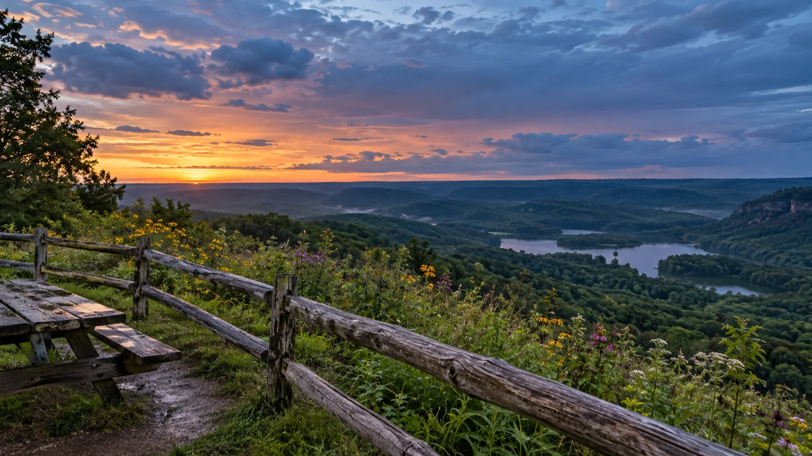 Morning mist over Twin Valley Lake and forested hills at Governor Dodge State Park.