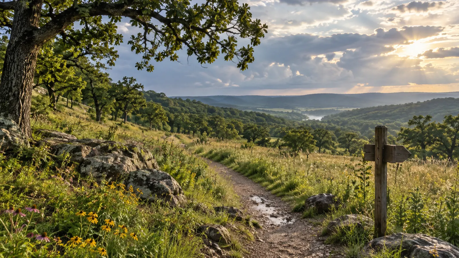 A curving trail crosses sunny oak savanna above the hills of Governor Dodge State Park.