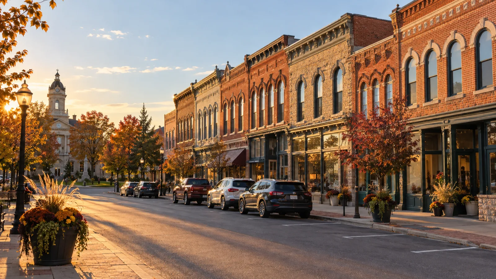 Golden-hour light warms historic brick storefronts in downtown Dodgeville.