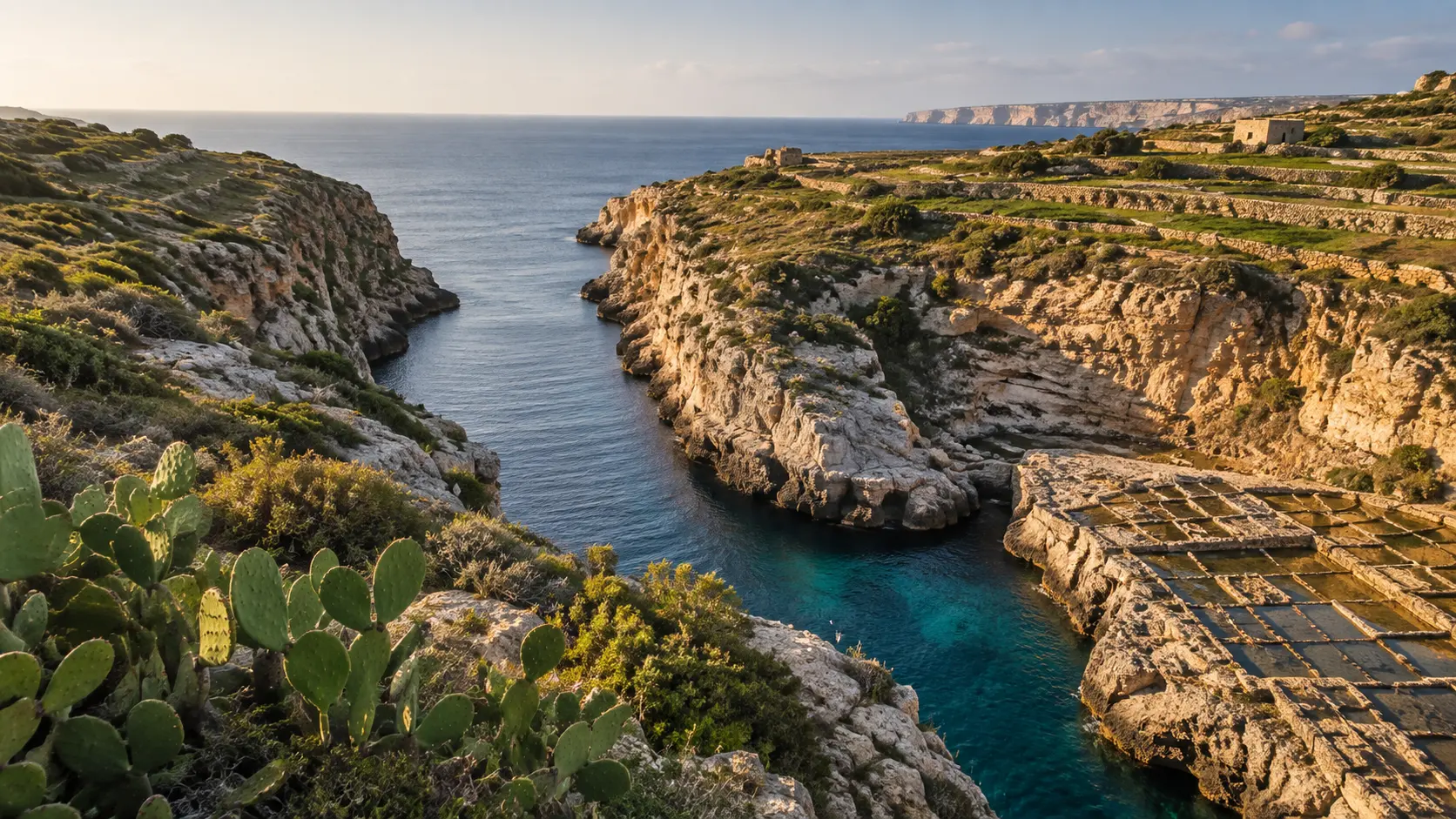 Wied il-Għasri's narrow blue inlet cutting through Gozo's limestone coast.