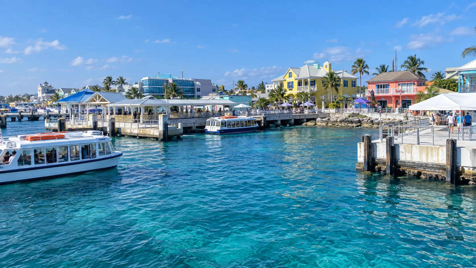 Tender piers and waterfront buildings at the George Town terminals.