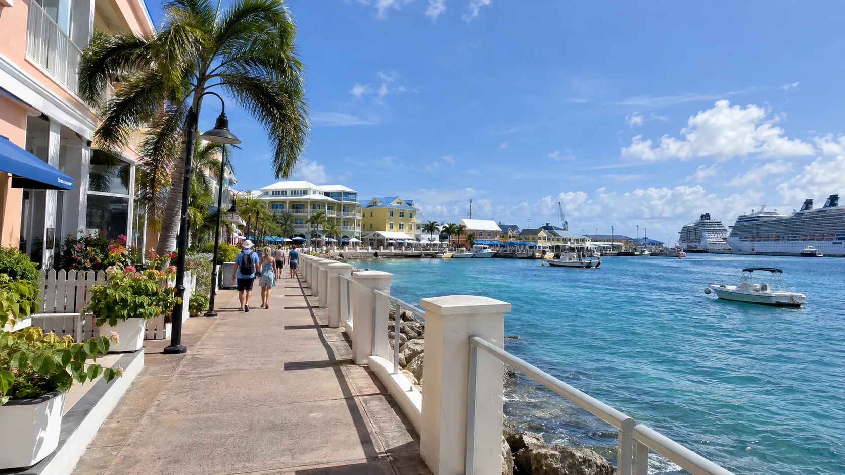 Waterfront sidewalk leading away from the George Town cruise terminals.