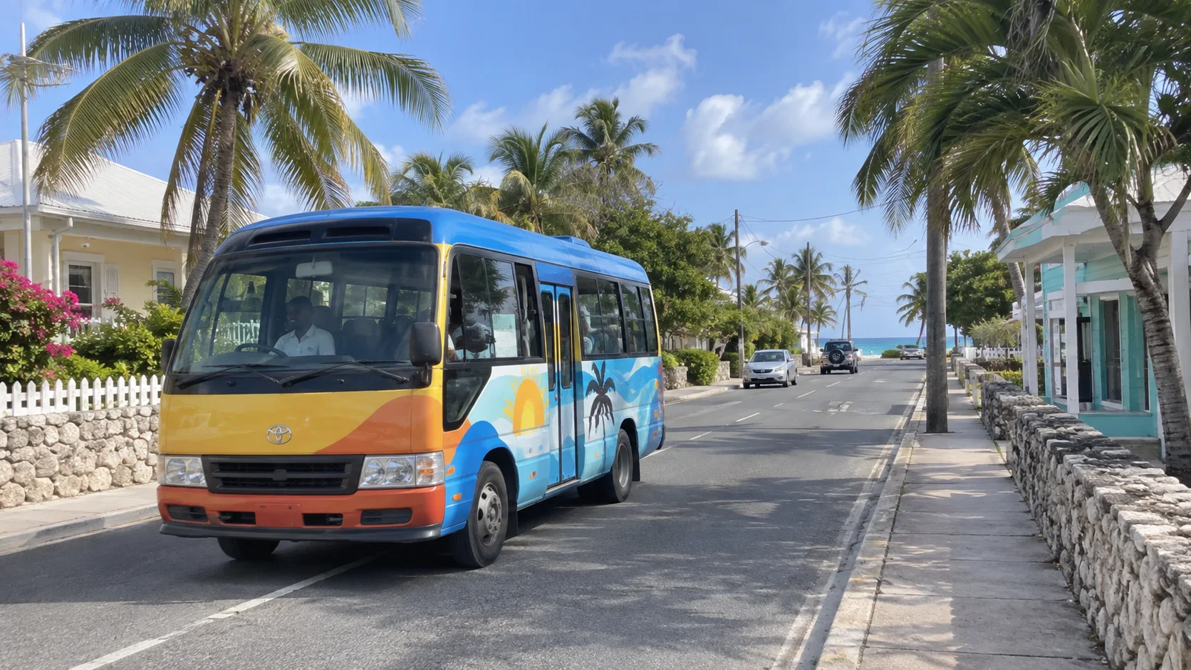 Local minibus traveling along a palm-lined Grand Cayman road.