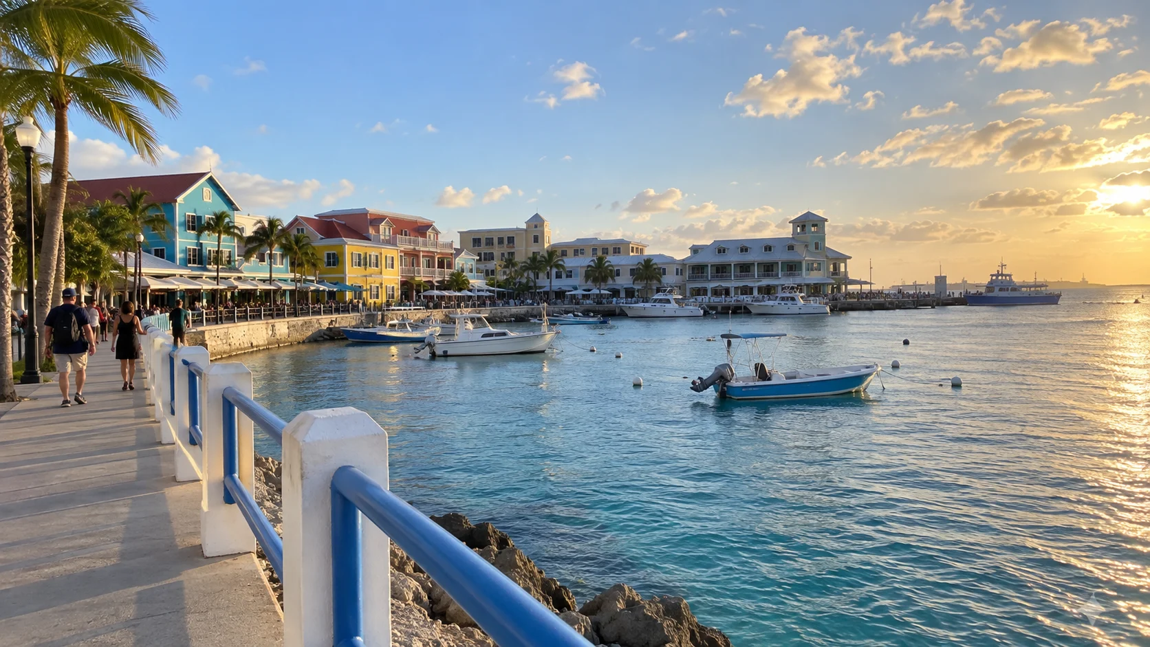 Colorful waterfront buildings and small boats in George Town.