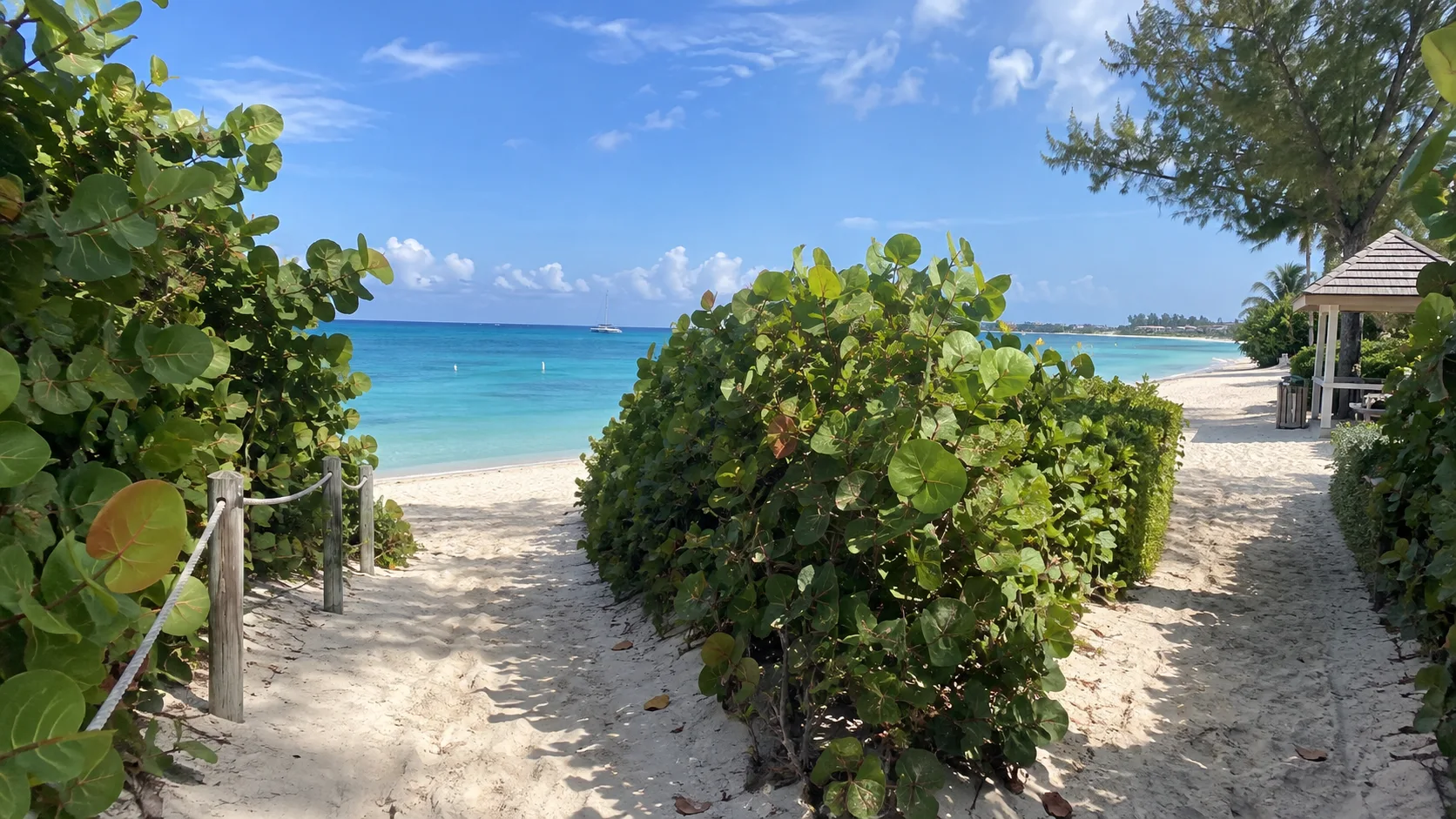 Sandy public access path opening onto Seven Mile Beach.