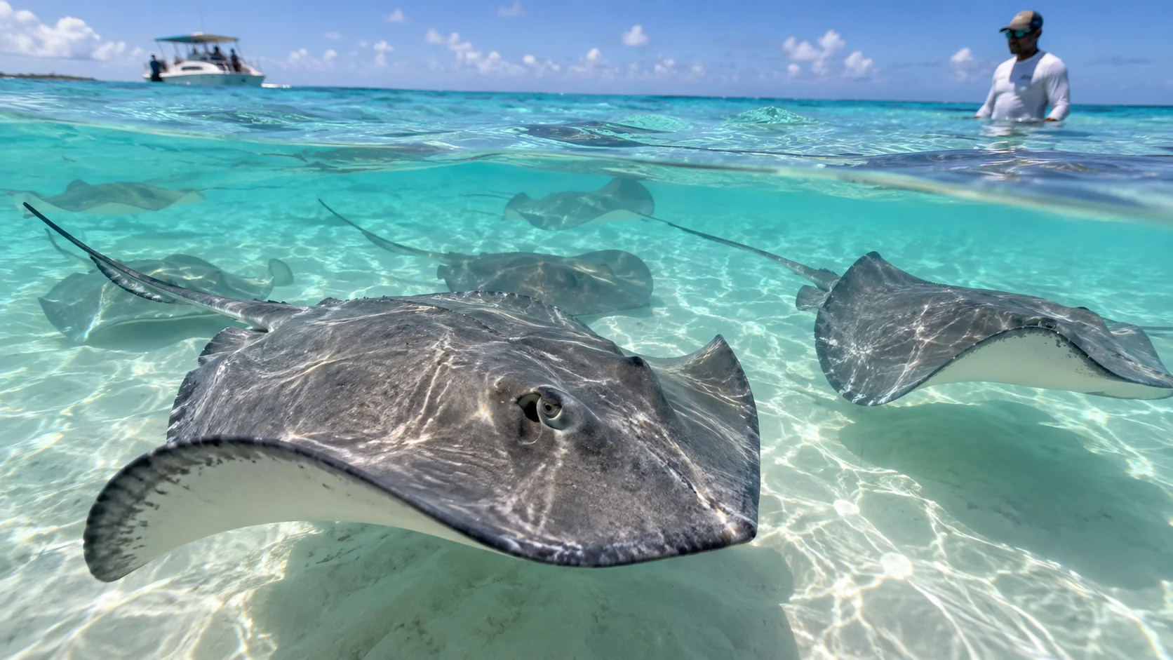 Southern stingrays gliding over the sandy shallows at Stingray City.