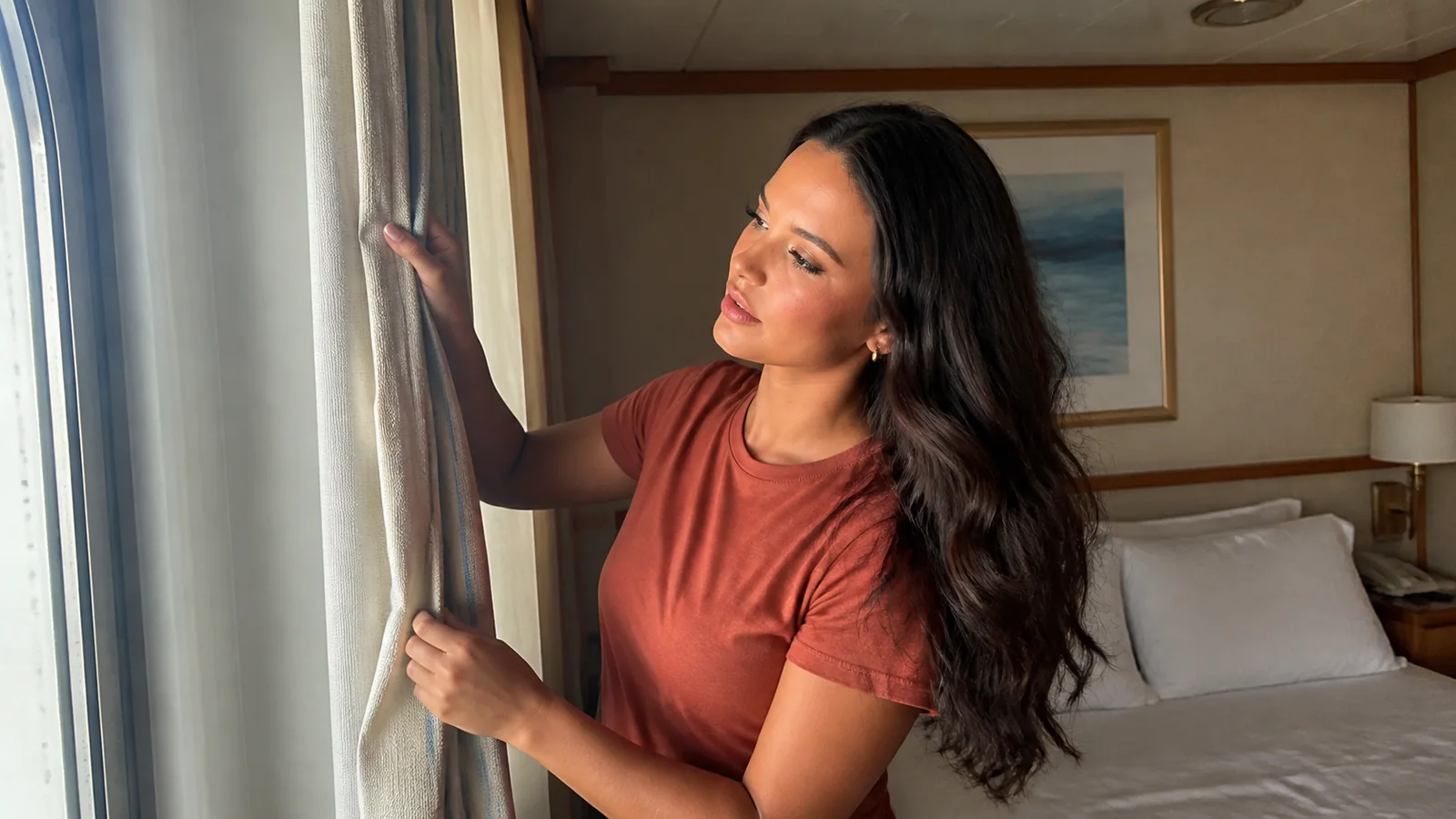Passenger examining the curtains beside a cabin window.