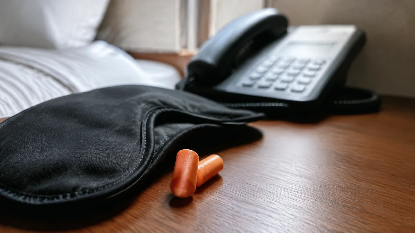 Sleep mask and orange earplugs beside a cabin telephone.
